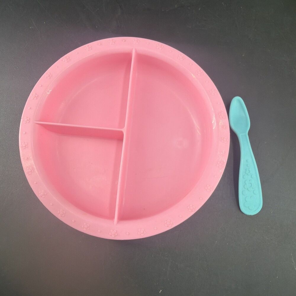 Vintage 1990 Kenner Baby Alive Doll Food Dish And Spoon Pink Blue Divide Plate